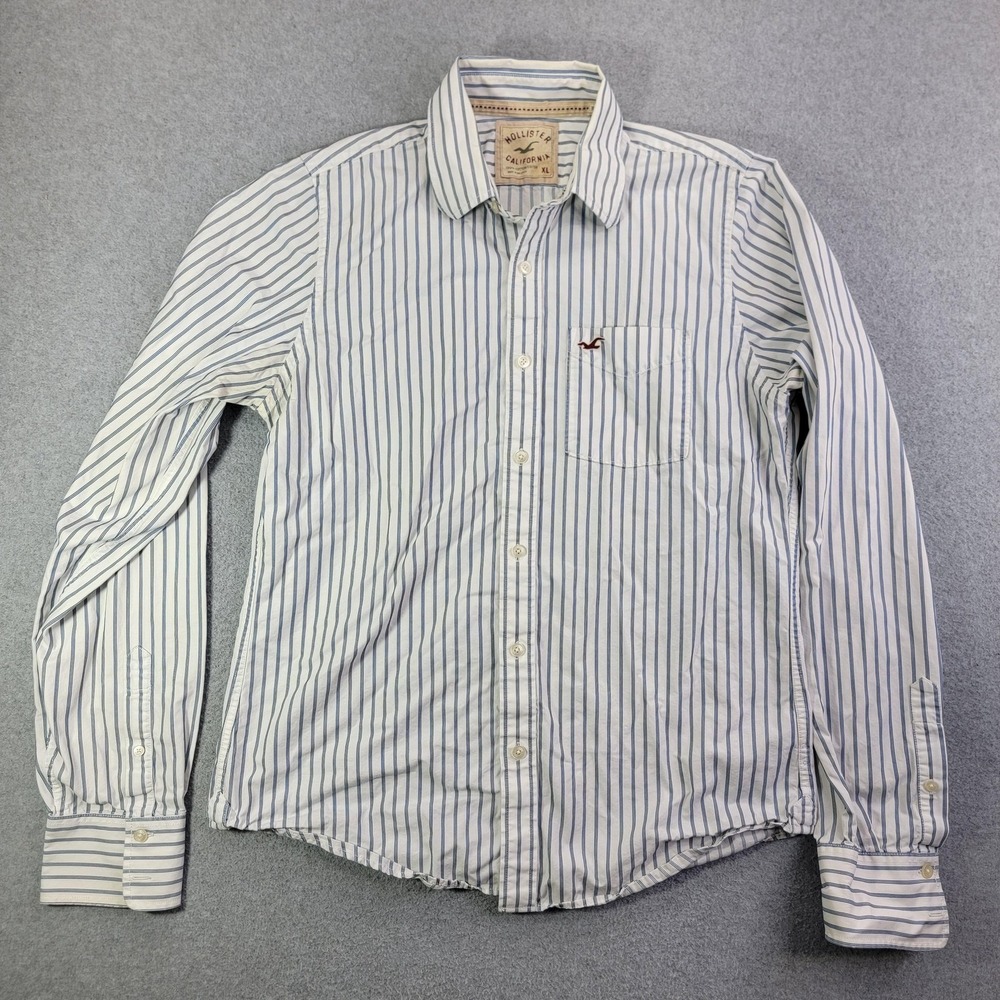 Hollister Shirt Mens XL White Blue Stripe Long Sleeve Button Up Cotton Casual
